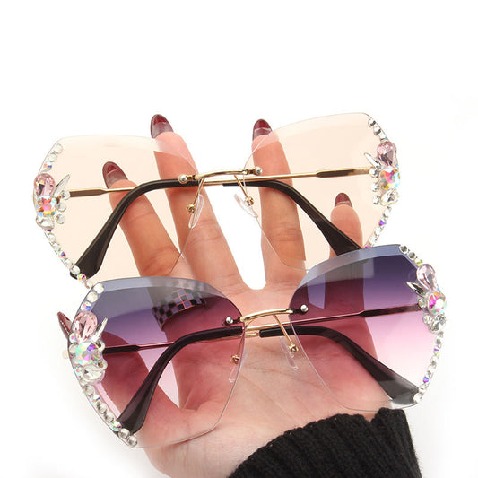 Colorful Fashion Gold Sunglasses with Sparkling Crystal and Pearls UV400 Rimless Diamond